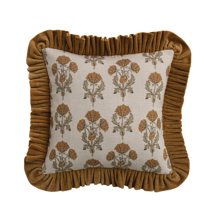 18" SQUARE COTTON SLUB PRINTED PILLOW WITH VELVET RUFFLE