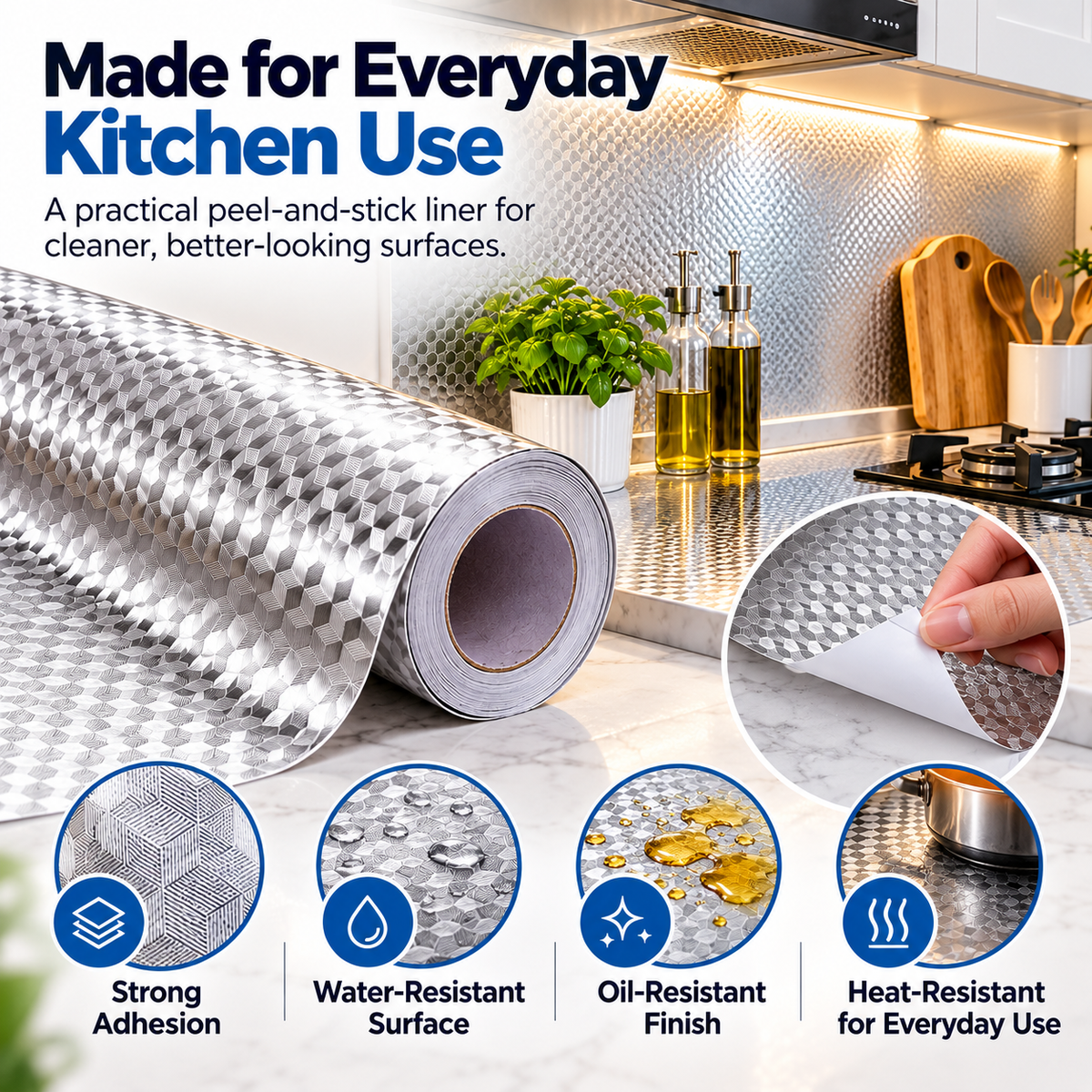 Silver Waterproof Adhesive Kitchen Backsplash – Oil-Resistant Peel & Stick Cabinet Liner