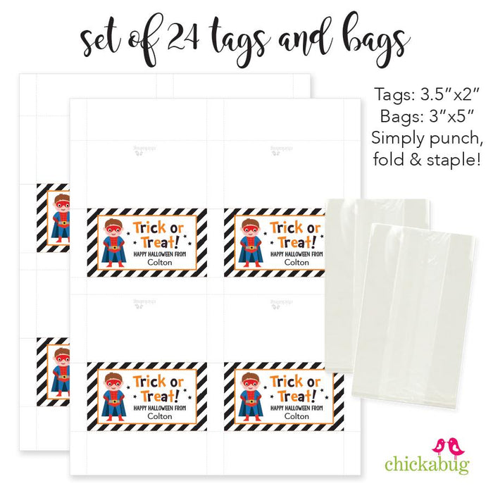 Brunette Boy Superhero Halloween Paper Tags and Bags