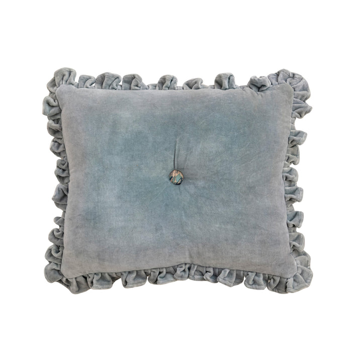 COTTON VELVET TUFTED LUMBAR PILLOW WITH RUFFLE & PATTERNED BUTTON