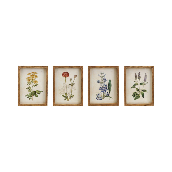 Wood Framed Glass Wall Decor with Flowers, 4 Styles