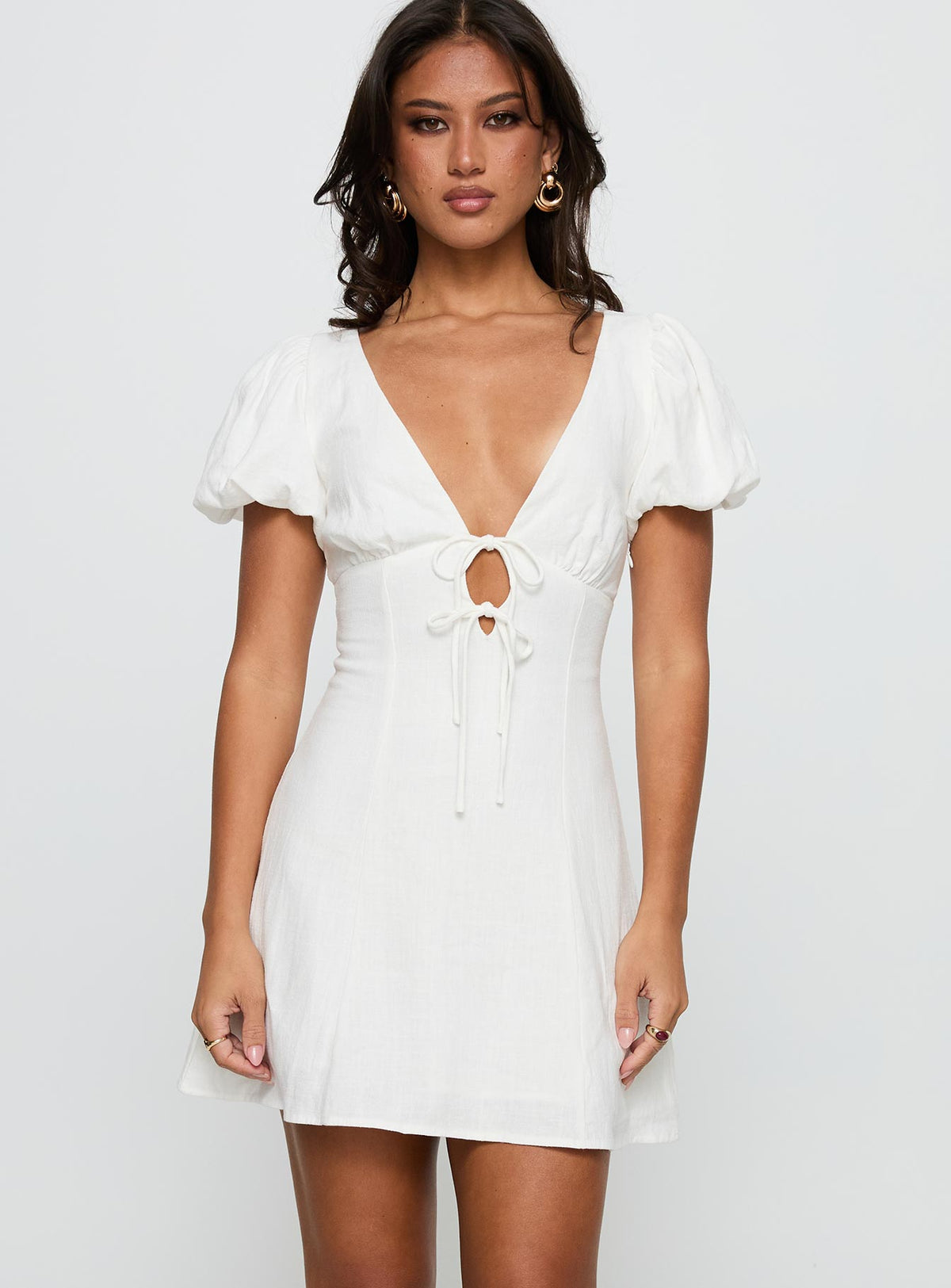 Beloved Puff Sleeve Linen Blend Mini Dress White