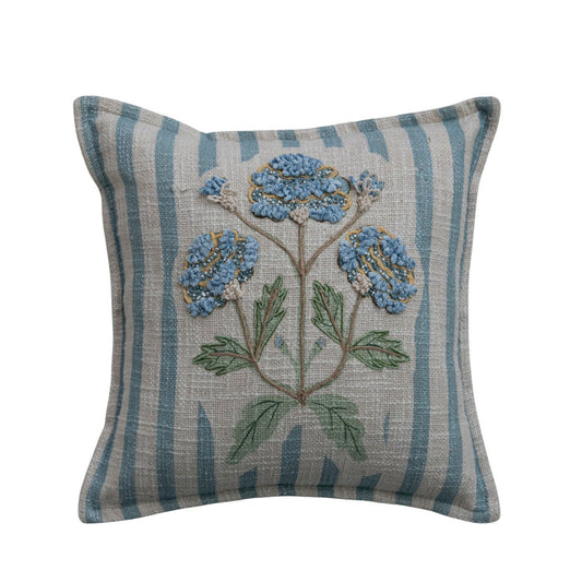 14" SQUARE COTTON PRINTED STRIPED PILLOW WITH HAND-EMBROIDERY
