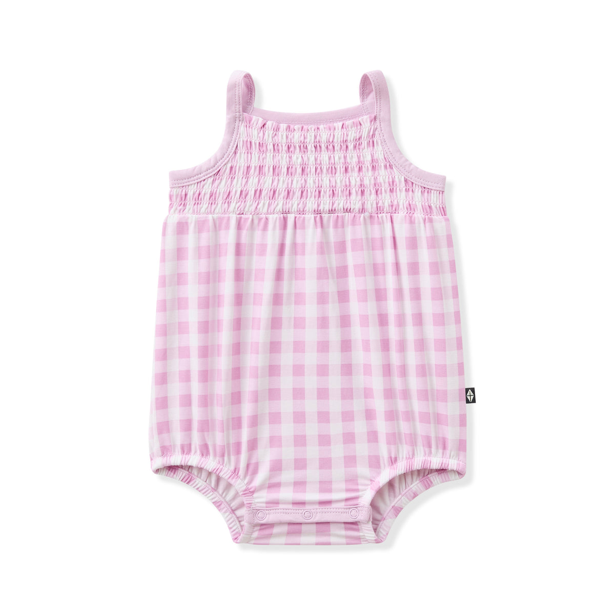 Smocked Bubble Romper in Gingham Thistle