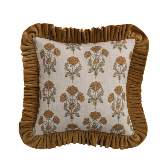 18" SQUARE COTTON SLUB PRINTED PILLOW WITH VELVET RUFFLE