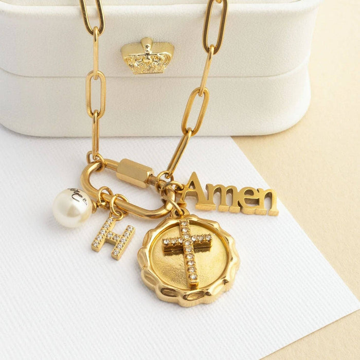 18K Gold PVD Stainless Steel Amen Word Charm: Gold WJW