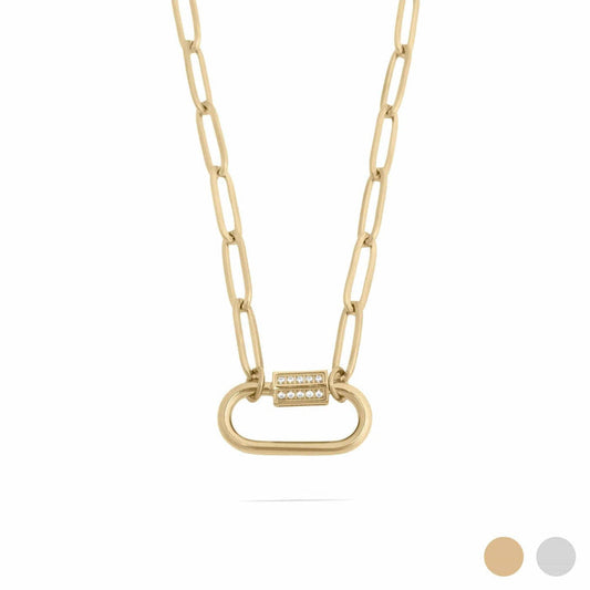 18K Gold PVD Stainless Steel CZ Stone Carabiner Necklace: Gold / 16"+2" WJW