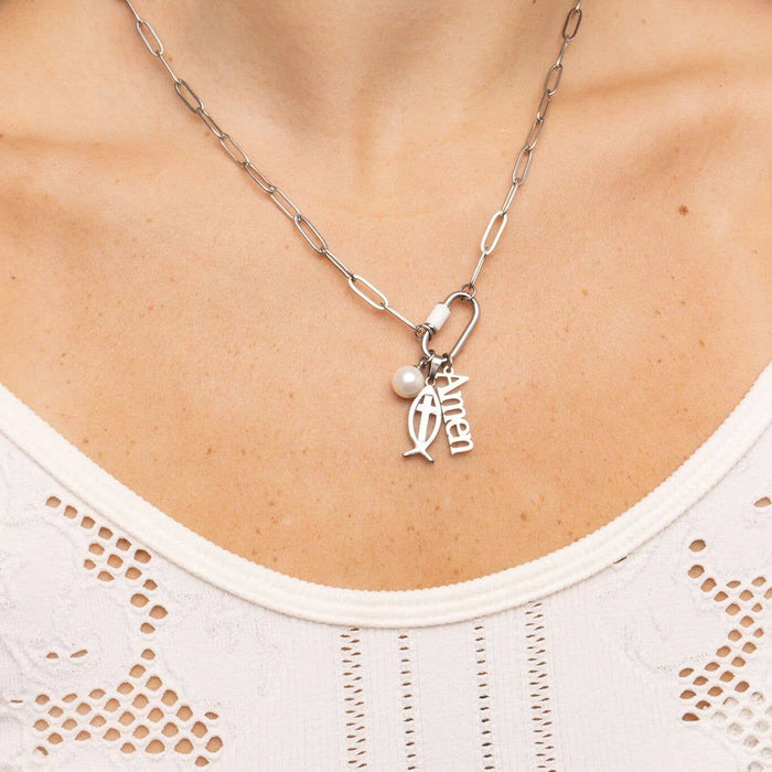 18K Gold PVD Stainless Steel Fish Charm with Cross Center: Stainless WJW