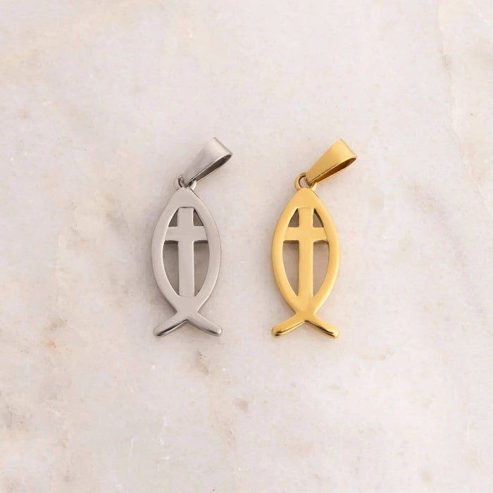 18K Gold PVD Stainless Steel Fish Charm with Cross Center: Stainless WJW