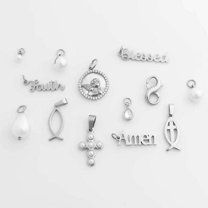 18K Gold PVD Stainless Steel Fish Charm with Cross Center: Stainless WJW