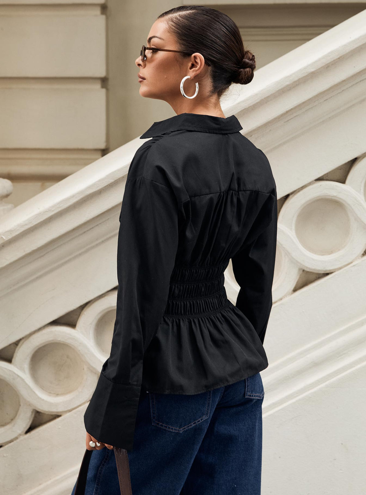 As You Are Shirred Button Up Top Black