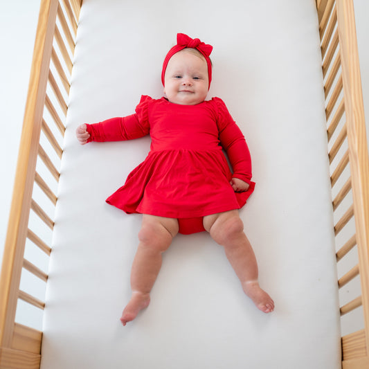 Long Sleeve Twirl Bodysuit Dress in Cardinal