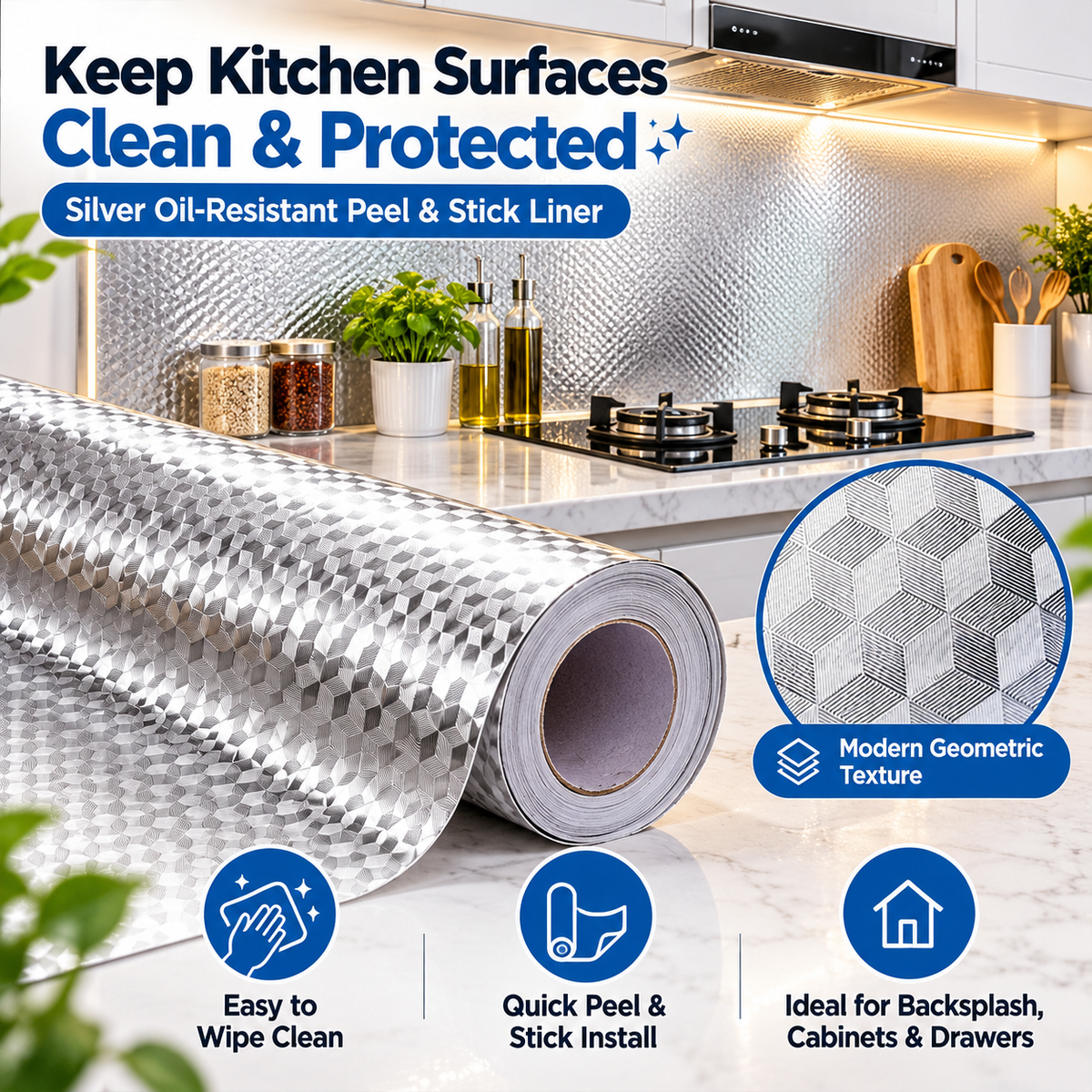 Silver Waterproof Adhesive Kitchen Backsplash – Oil-Resistant Peel & Stick Cabinet Liner