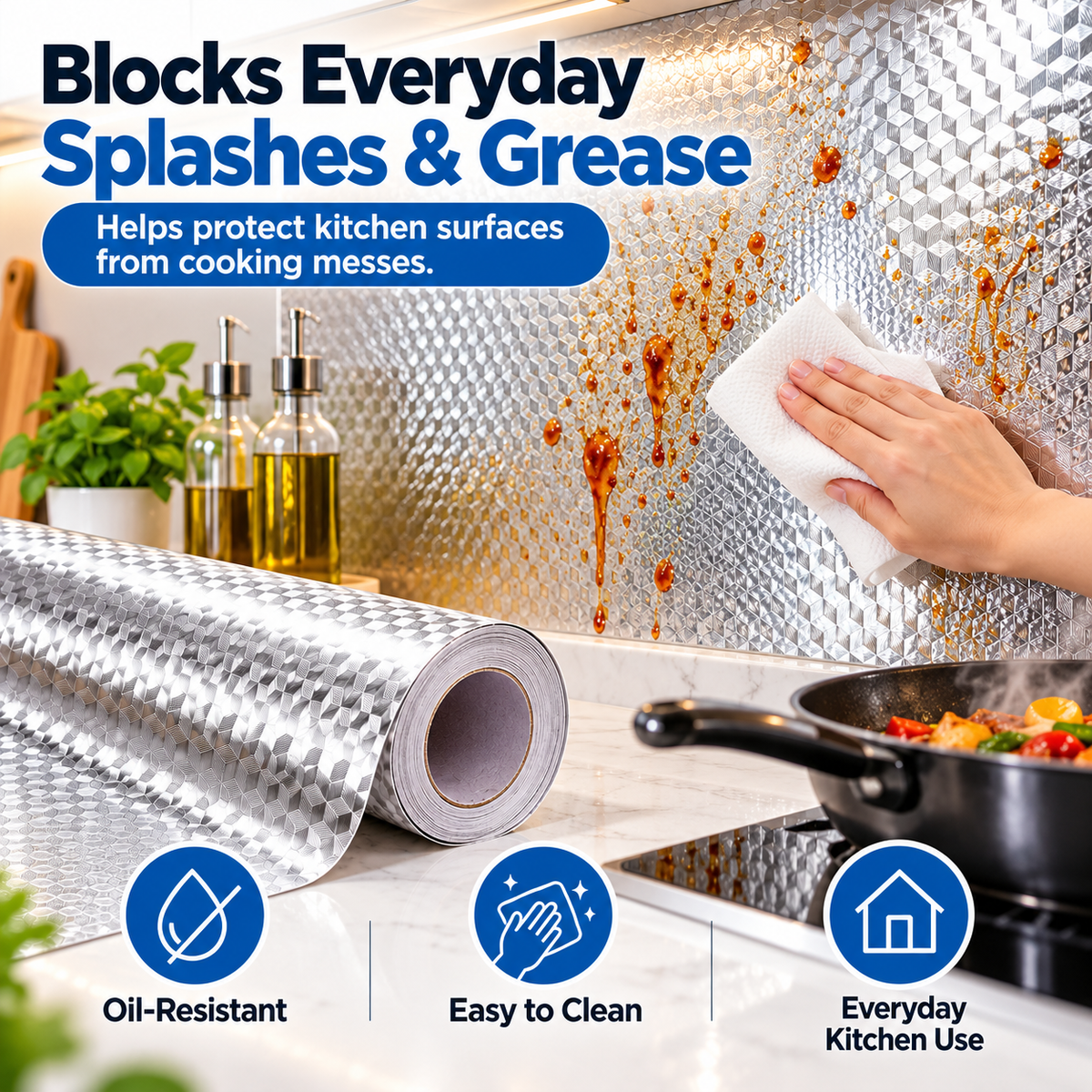 Silver Waterproof Adhesive Kitchen Backsplash – Oil-Resistant Peel & Stick Cabinet Liner