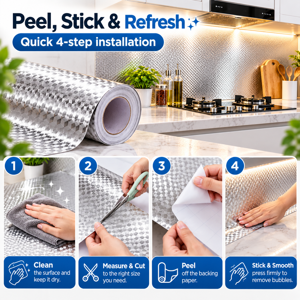 Silver Waterproof Adhesive Kitchen Backsplash – Oil-Resistant Peel & Stick Cabinet Liner