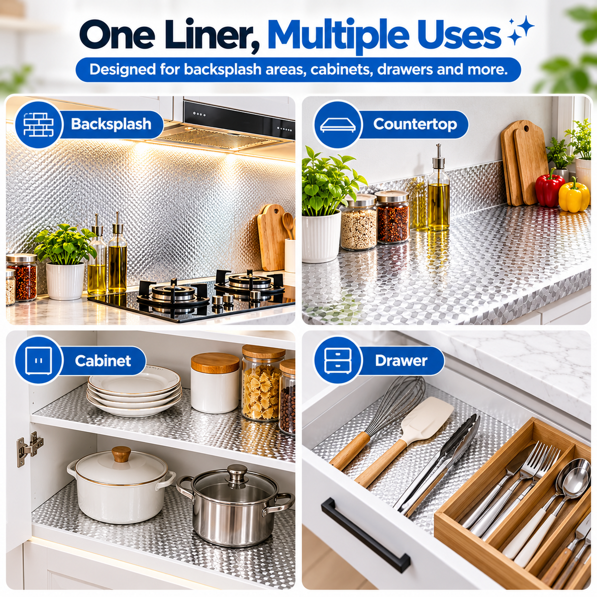 Silver Waterproof Adhesive Kitchen Backsplash – Oil-Resistant Peel & Stick Cabinet Liner