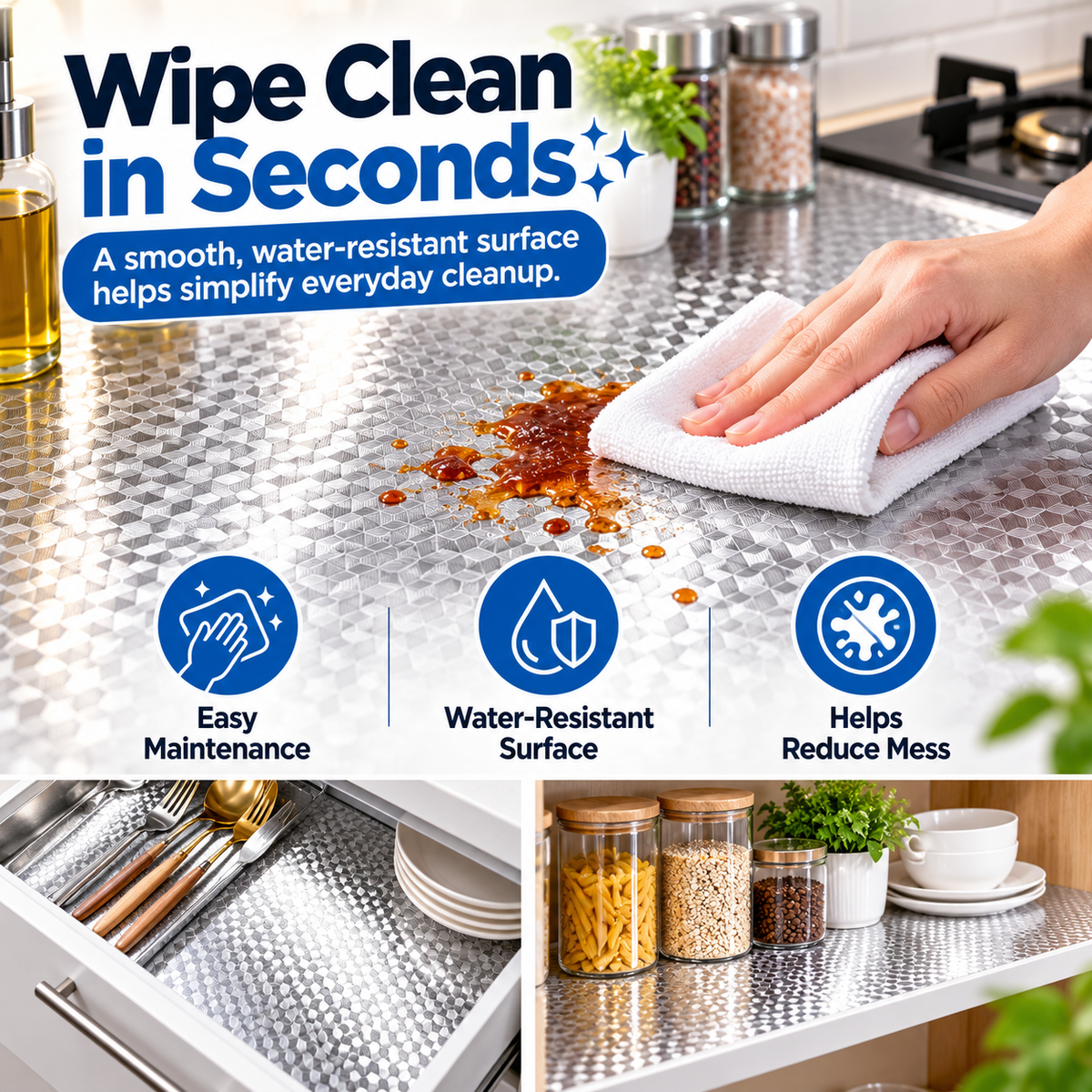 Silver Waterproof Adhesive Kitchen Backsplash – Oil-Resistant Peel & Stick Cabinet Liner
