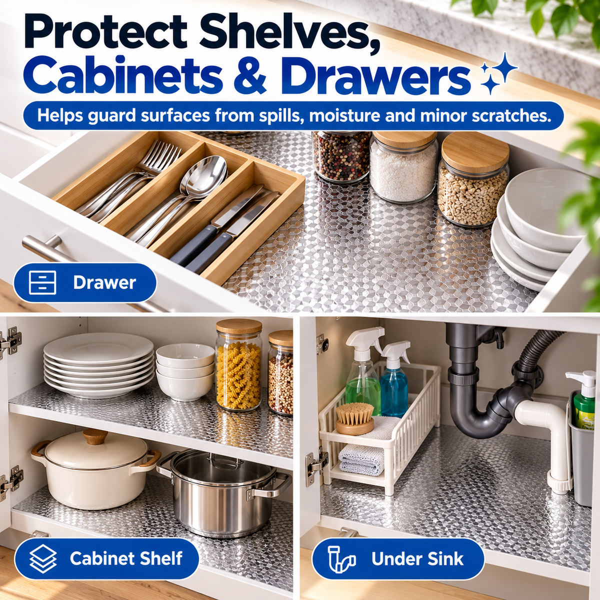 Silver Waterproof Adhesive Kitchen Backsplash – Oil-Resistant Peel & Stick Cabinet Liner