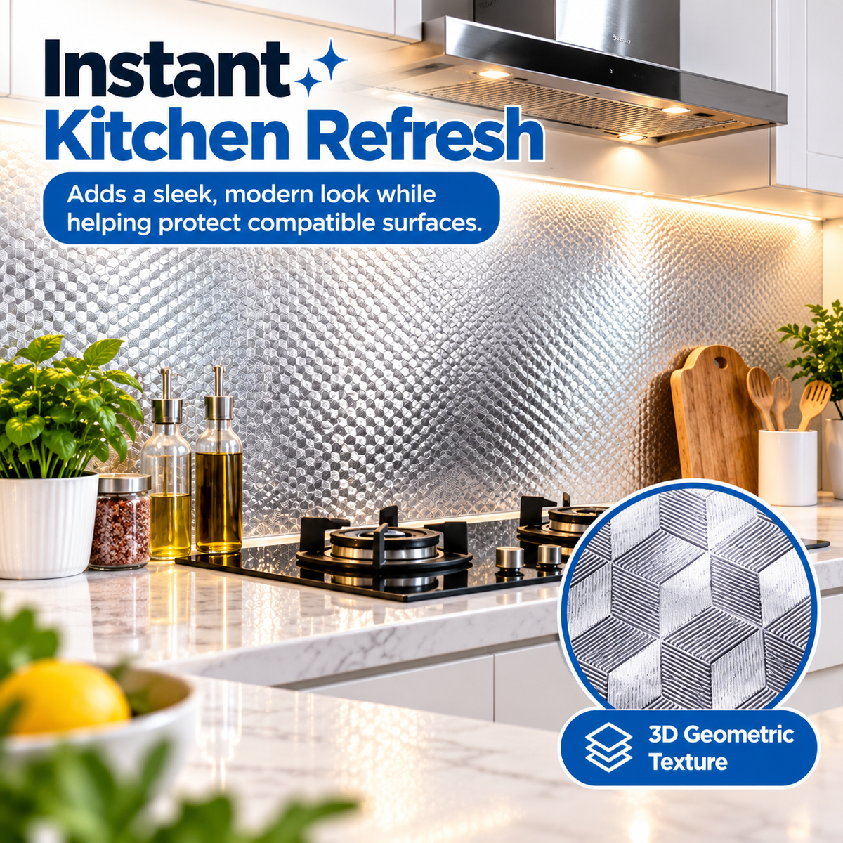 Silver Waterproof Adhesive Kitchen Backsplash – Oil-Resistant Peel & Stick Cabinet Liner