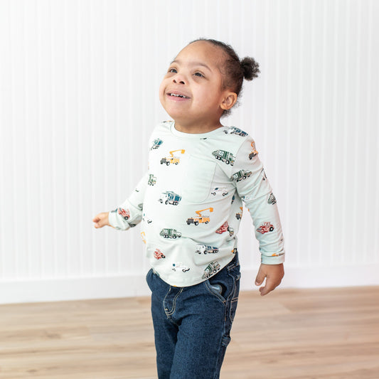 Long Sleeve Toddler Crew Neck Tee in City Vehicles
