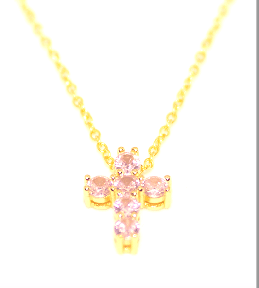 AIME PINK Cross Necklace, Gold, Pink Crystal Meghan Browne Accessories