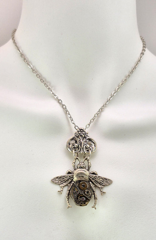 Garden Bee necklace, sterling silver filled Victorian Antique or Reproduction work from original mold, Circa 1840 -1940 created with vintage clockworks and mechanisms.