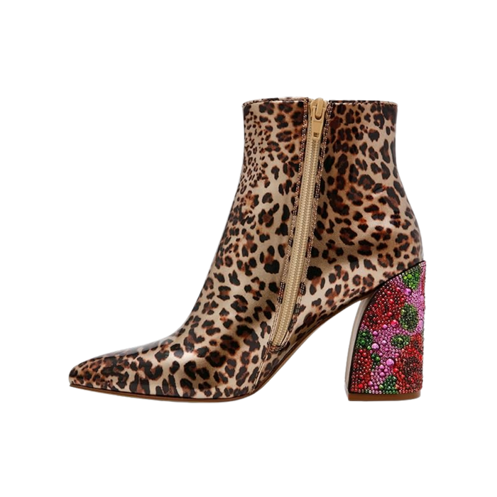 Betsey Johnson Women's Leopard Rhinestone Pointed Toe Chunky Heel Ankle Boots