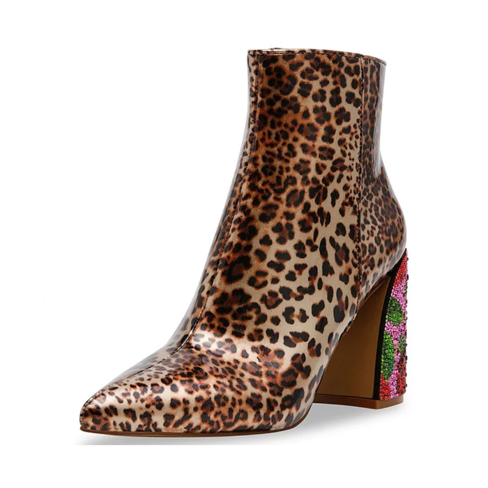 Betsey Johnson Women's Leopard Rhinestone Pointed Toe Chunky Heel Ankle Boots