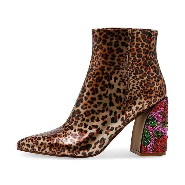 Betsey Johnson Women's Leopard Rhinestone Pointed Toe Chunky Heel Ankle Boots