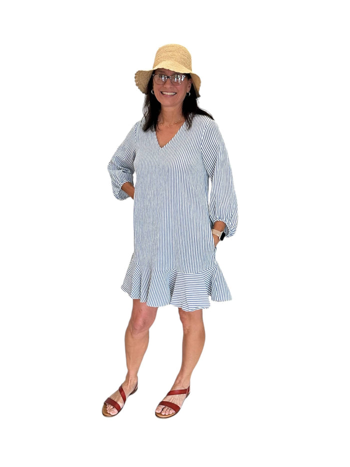 Blue Stripe Flounce Dress Maggy London Intl LTD Dress