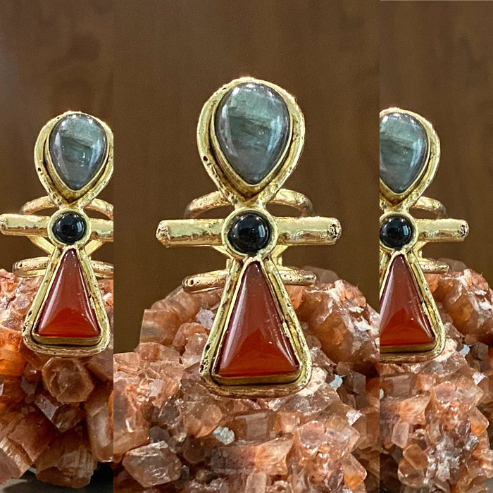 BRASS+CARNELIAN+LABRADORITE+ ONYX ANKH RING