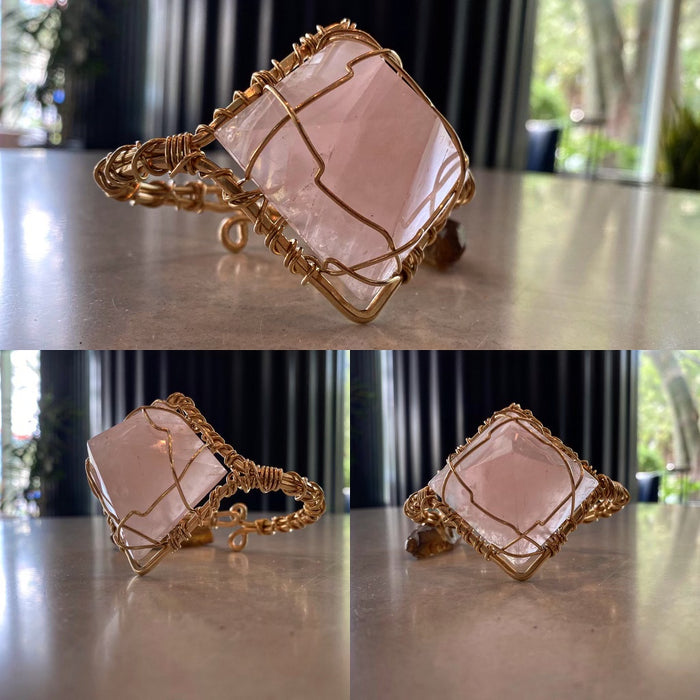 BRONZE+ROSE QUARTZ PYRAMID  CUFF BRACELET