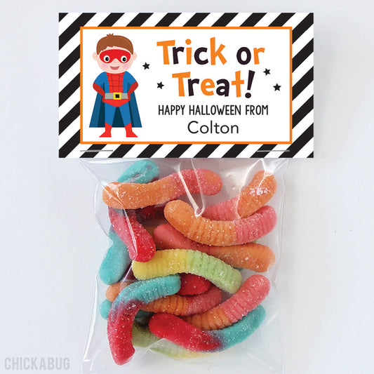 Brunette Boy Superhero Halloween Paper Tags and Bags
