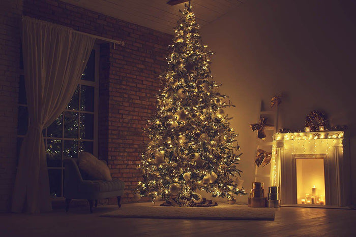 Christmas Fireplace Decorated With LED Light Photography Backdrop N-0055 Shopbackdrop