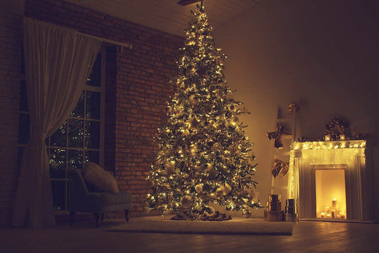 Christmas Fireplace Decorated With LED Light Photography Backdrop N-0055 Shopbackdrop