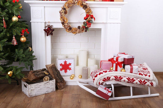 Christmas Sleigh Fireplace With Wreath Photography Backdrop J-0795 Shopbackdrop
