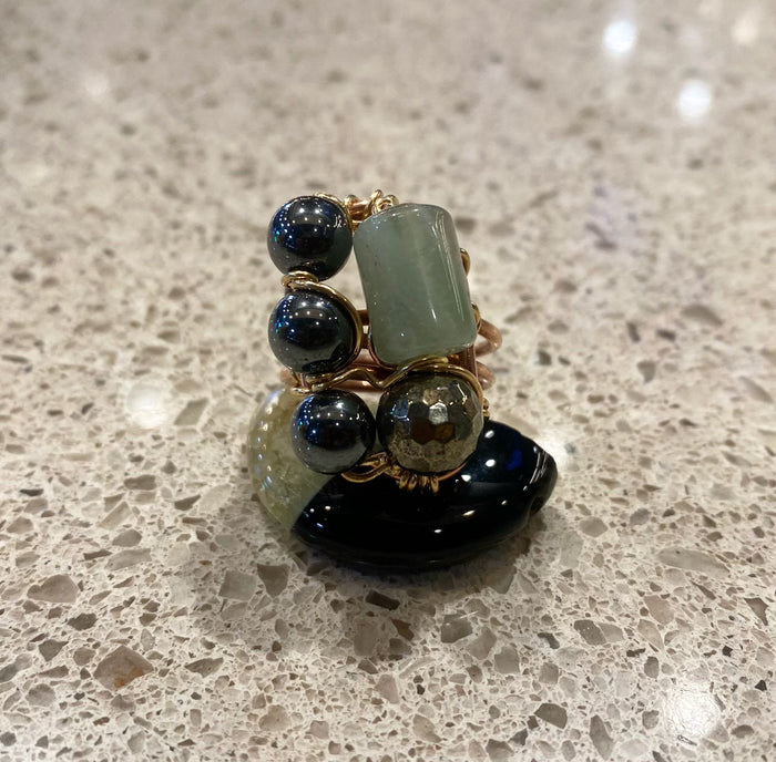 COPPER/BRONZE+  HEMATITE+  FLOURITE PARTY RING