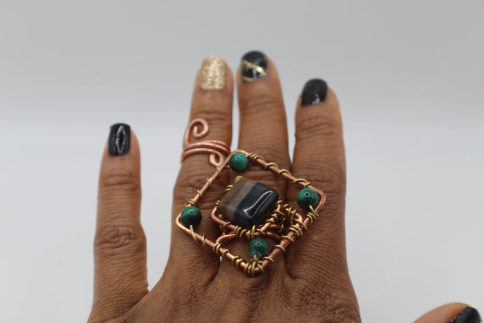 COPPER+TIGERS EYE+MALACHITE PARTY RING