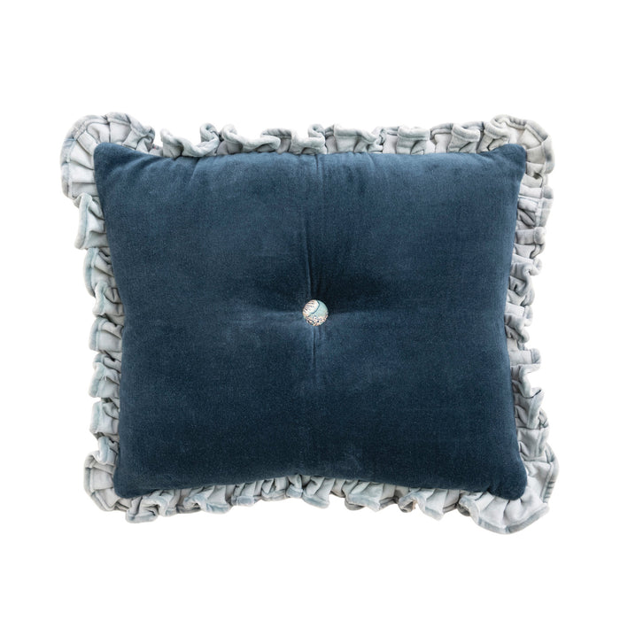 COTTON VELVET TUFTED LUMBAR PILLOW WITH RUFFLE & PATTERNED BUTTON