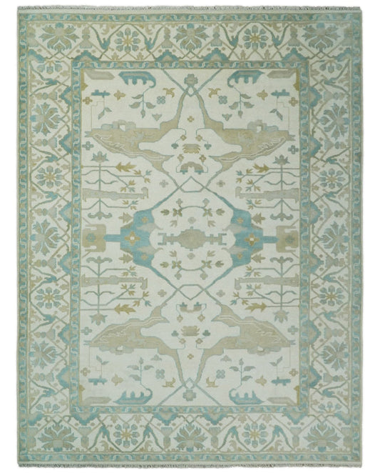 Custom Made Hand Knotted Oriental Oushak Ivory and Blue Wool Area Rug