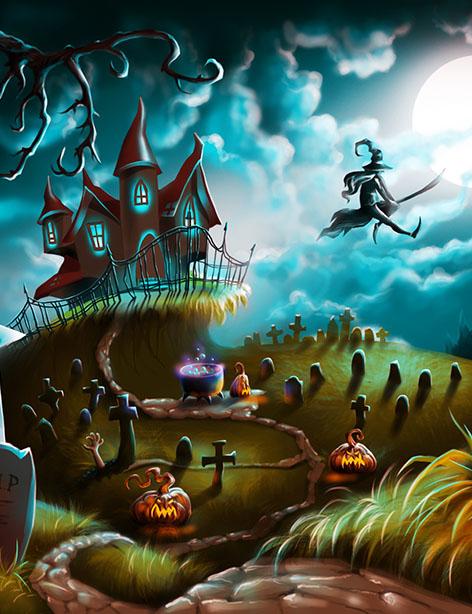 Double Wide Cartoon Painted Halloween Holiday Photography Backdrop N-0098 Shopbackdrop
