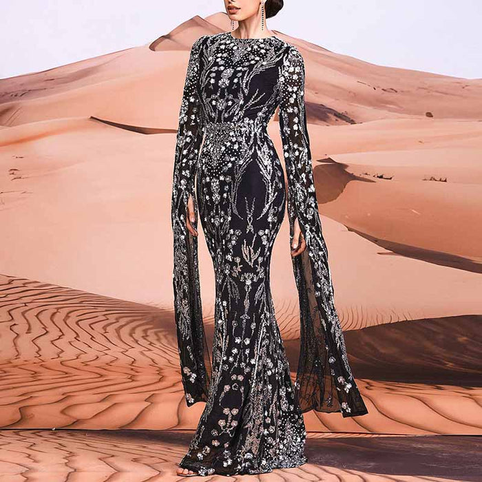 Extra Long Sleeves Mermaid Sequin Prom Dress Ball Gowns Plus Size