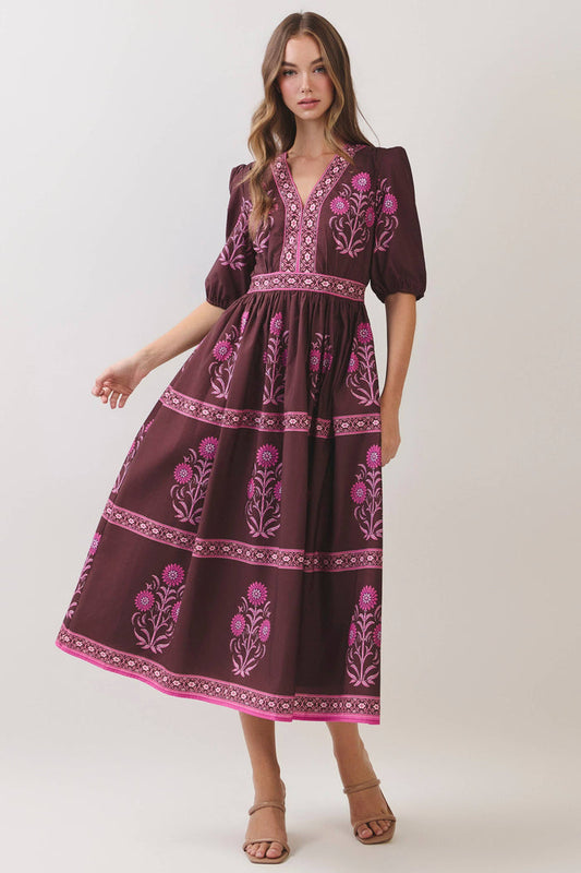 FLORAL BORDER PRINT MIDI DRESS - BROWN