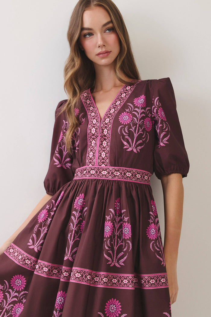 FLORAL BORDER PRINT MIDI DRESS - BROWN