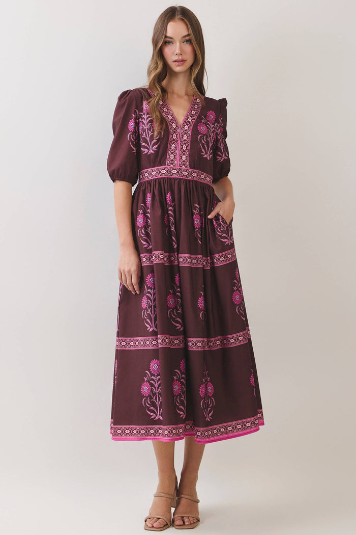 FLORAL BORDER PRINT MIDI DRESS - BROWN