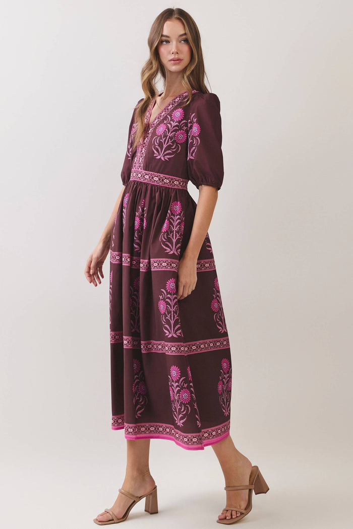 FLORAL BORDER PRINT MIDI DRESS - BROWN