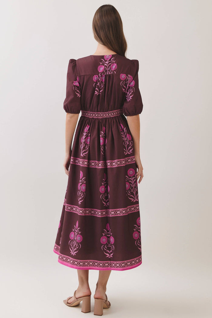 FLORAL BORDER PRINT MIDI DRESS - BROWN