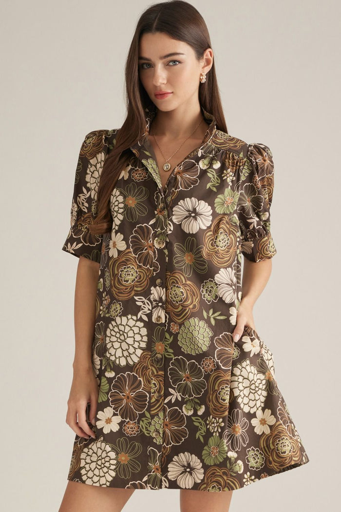 FLORAL PUFF SLEEVE MINI DRESS - BROWN