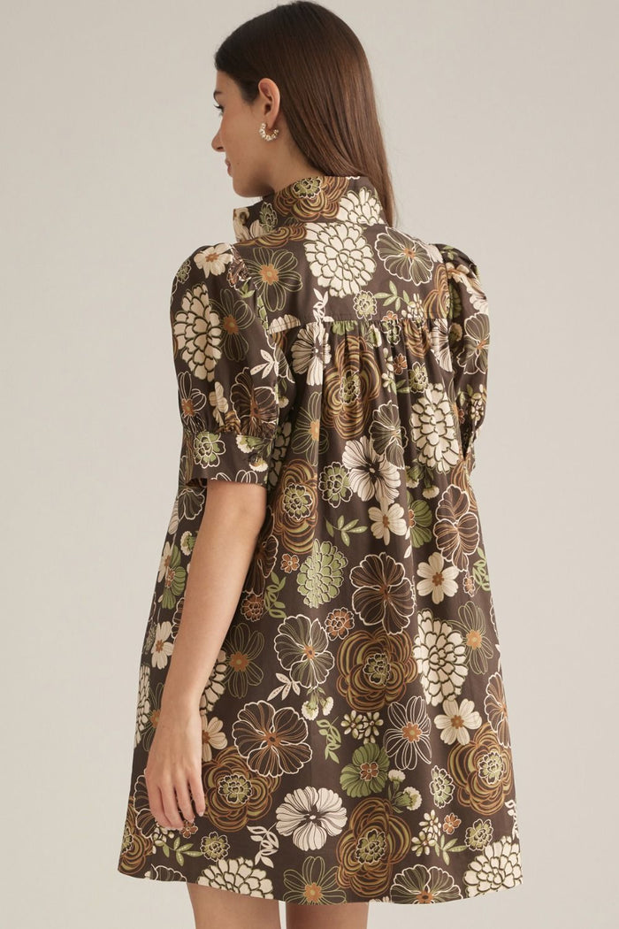FLORAL PUFF SLEEVE MINI DRESS - BROWN