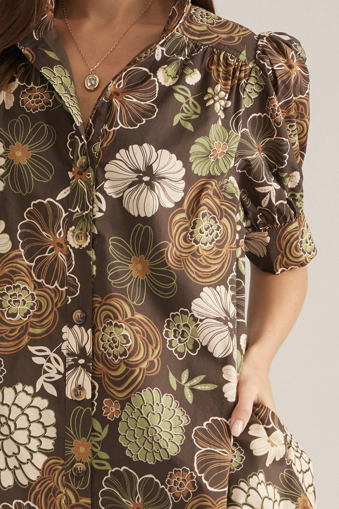 FLORAL PUFF SLEEVE MINI DRESS - BROWN